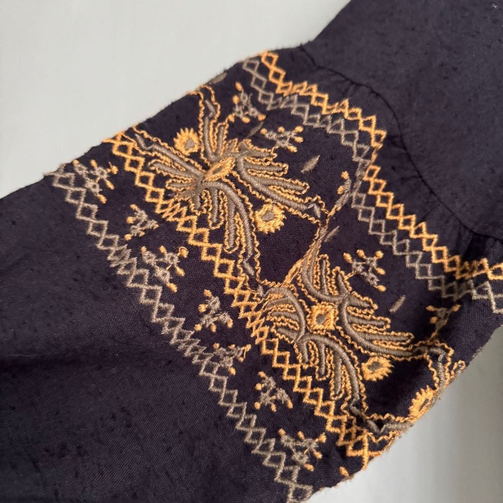 Free People Tunic Embroidered Dress Black Yelllow tribal long sleeve boho large - Picture 9 of 10